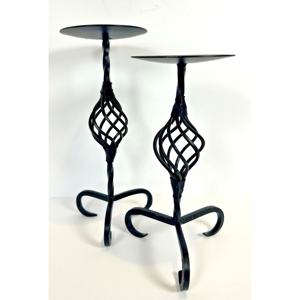 Wrought‎ Iron Candle Holder Set 2 Pedestal Stands Twisted Metal Black